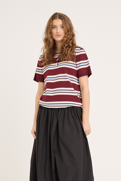 -view -shirt Polo Stripe Knit Blouse Burgundy White Blue