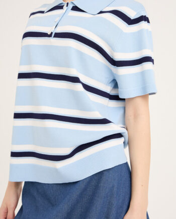 -view  -shirt Polo Stripe Knit Blouse Light Blue White Stripe