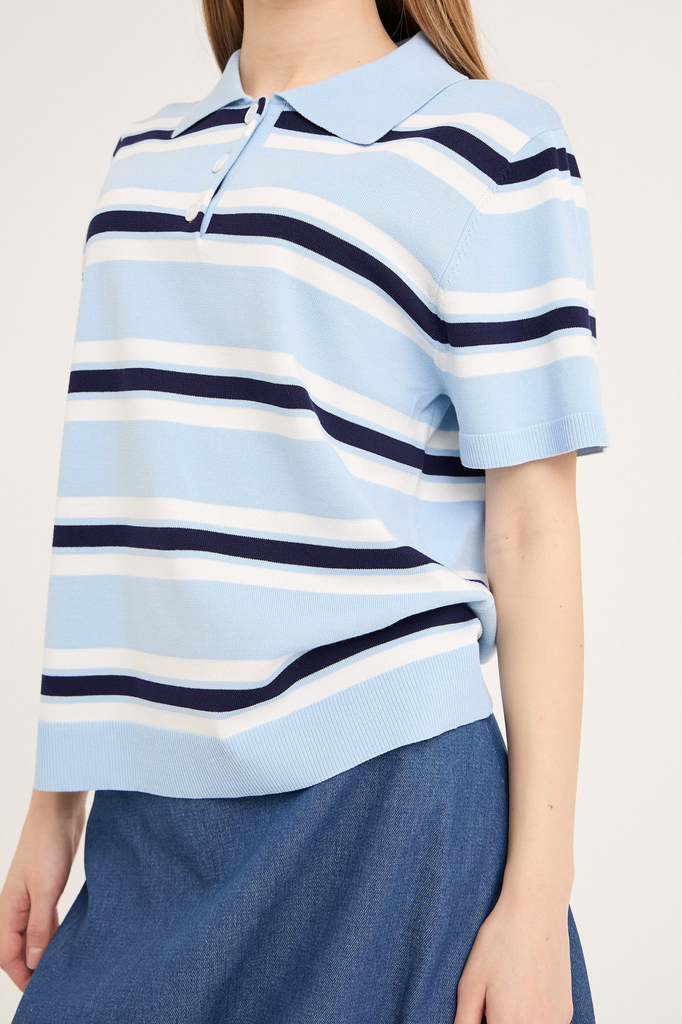 -view -shirt Polo Stripe Knit Blouse Light Blue White Stripe