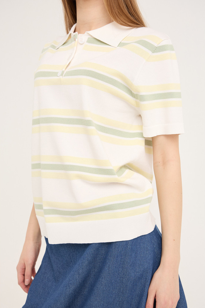 -view -shirt Polo Stripe Knit Blouse White Yellow