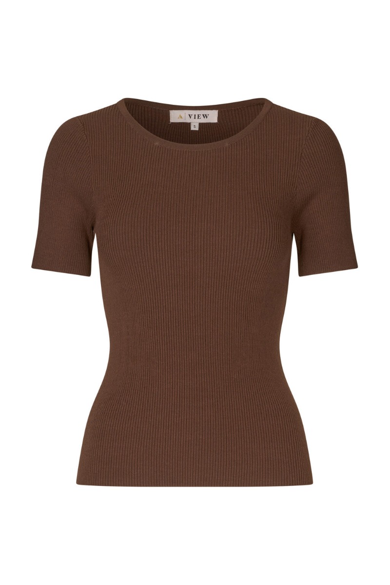 -view -shirt Rib Knit Short Sleeve Top Brown