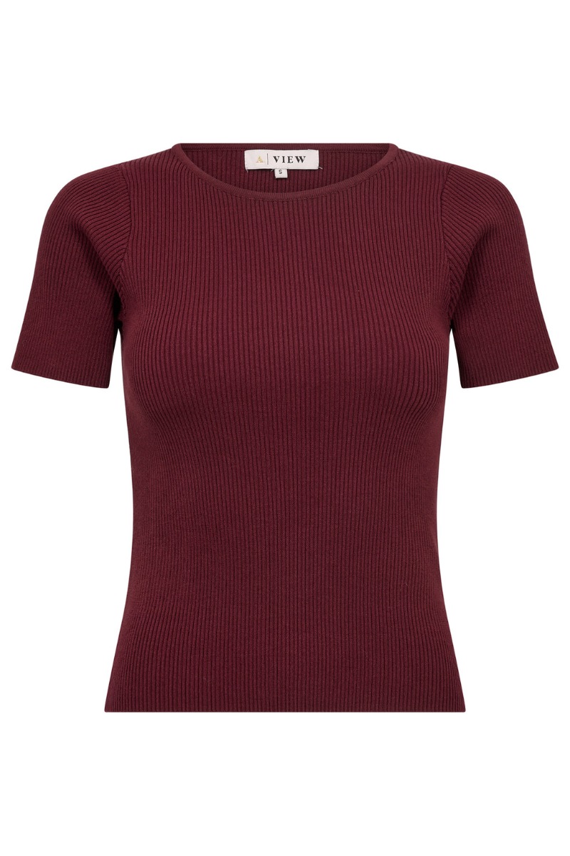 -view -shirt Rib Knit Short Sleeve Top Burgundy