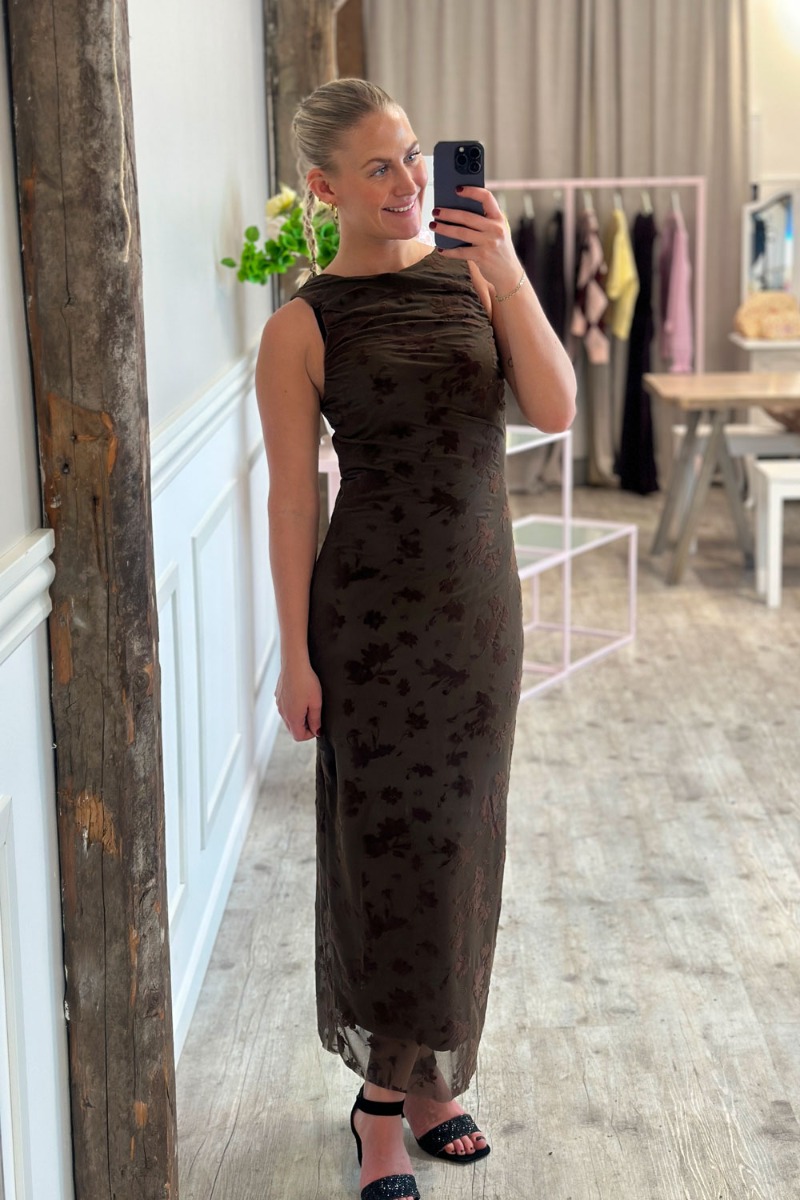 Jdy Kjole Ruby Rouching Flock Dress Chocolate Brown Big Flower