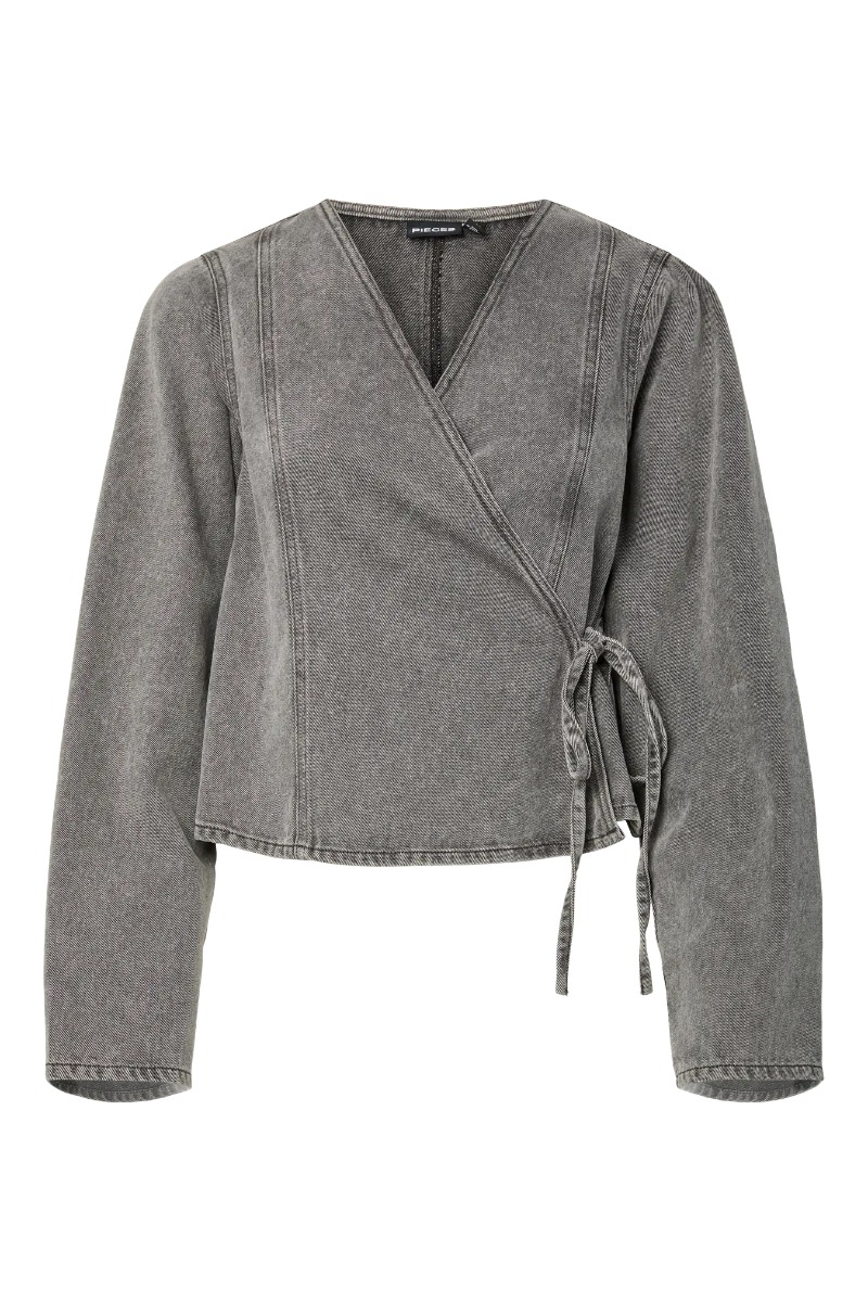 Pieces Bluse Fenna Ls Denim Wrap Shirt Grey Denim