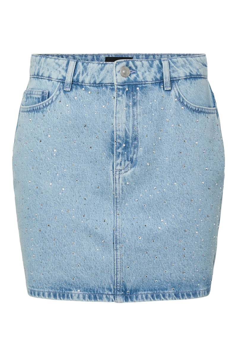 Pieces Nederdel Noel Denim Short Skirt Light Blue Denim Rhine Stones
