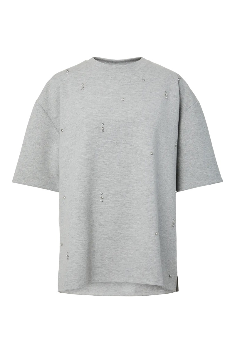 Pieces -shirt Muna Ss Oversize Detail Tee Medium Grey Melange Rhinestone