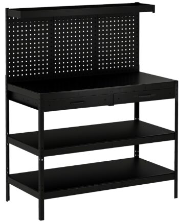 Arbejdsbord Med Justerbare Hylder  Robust Arbejdsstation Med Hulbræt Og   Skuffer  122   61   156 Cm  Sort