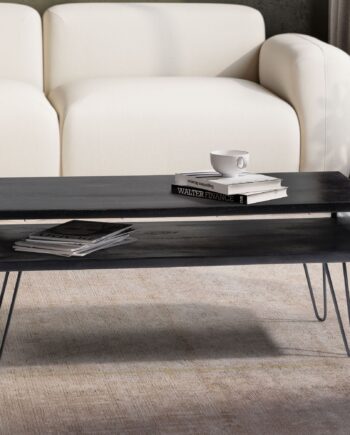 Elegant Sofabord Med Hårnåleben  Håndlavet   Massivt Træ  100x50x40 Cm  Mat Sort