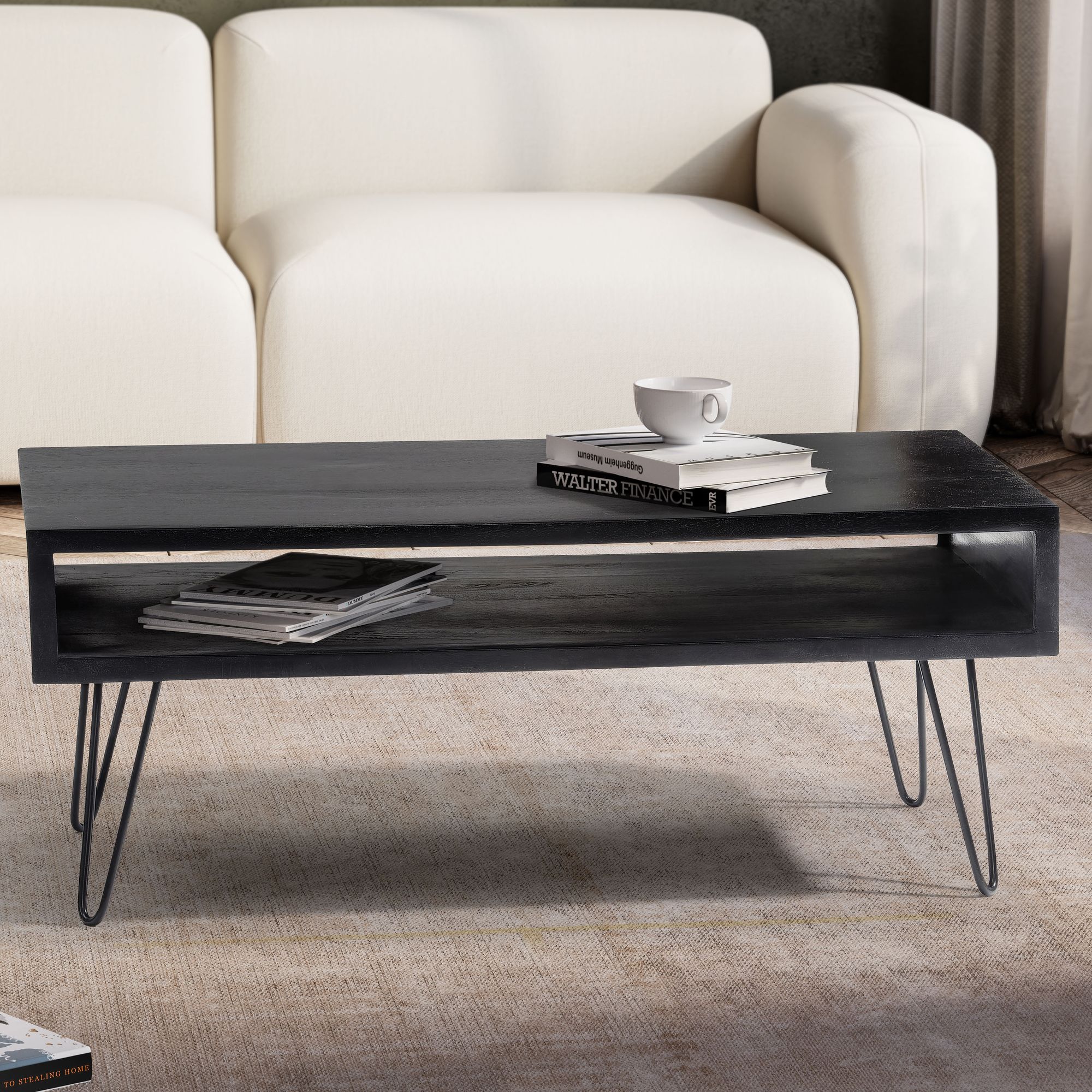 Elegant Sofabord Med Hårnåleben Håndlavet Massivt Træ 100x50x40 Cm Mat Sort