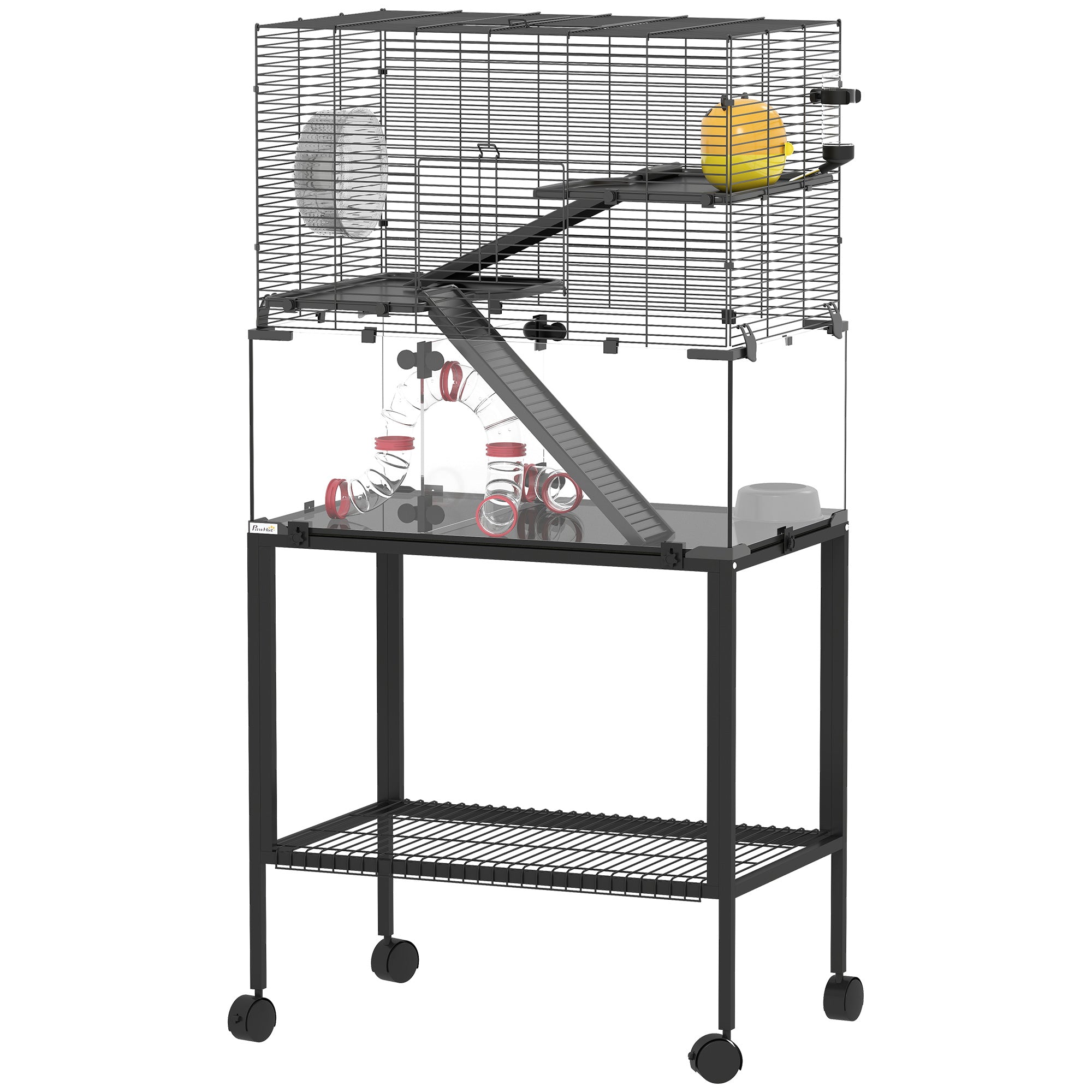 Hamsterbur  Indhegning Til Små Dyr Med   Niveauer  Løbehjul  Bur  Platforme  Ramper  Madskål  Vandflaske  Tilbehør  Stål  Plastik  Sort