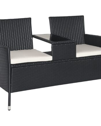 Havebænk Polyrattan  -personers Uv-bestandig Bænk Med Bordhynde Ryglæn Havemøbler Parkbænk Op Til 240 Kg Lasteevne Balkonbænk Til Haveterrasse Balkon 133x63x84cm  Sort