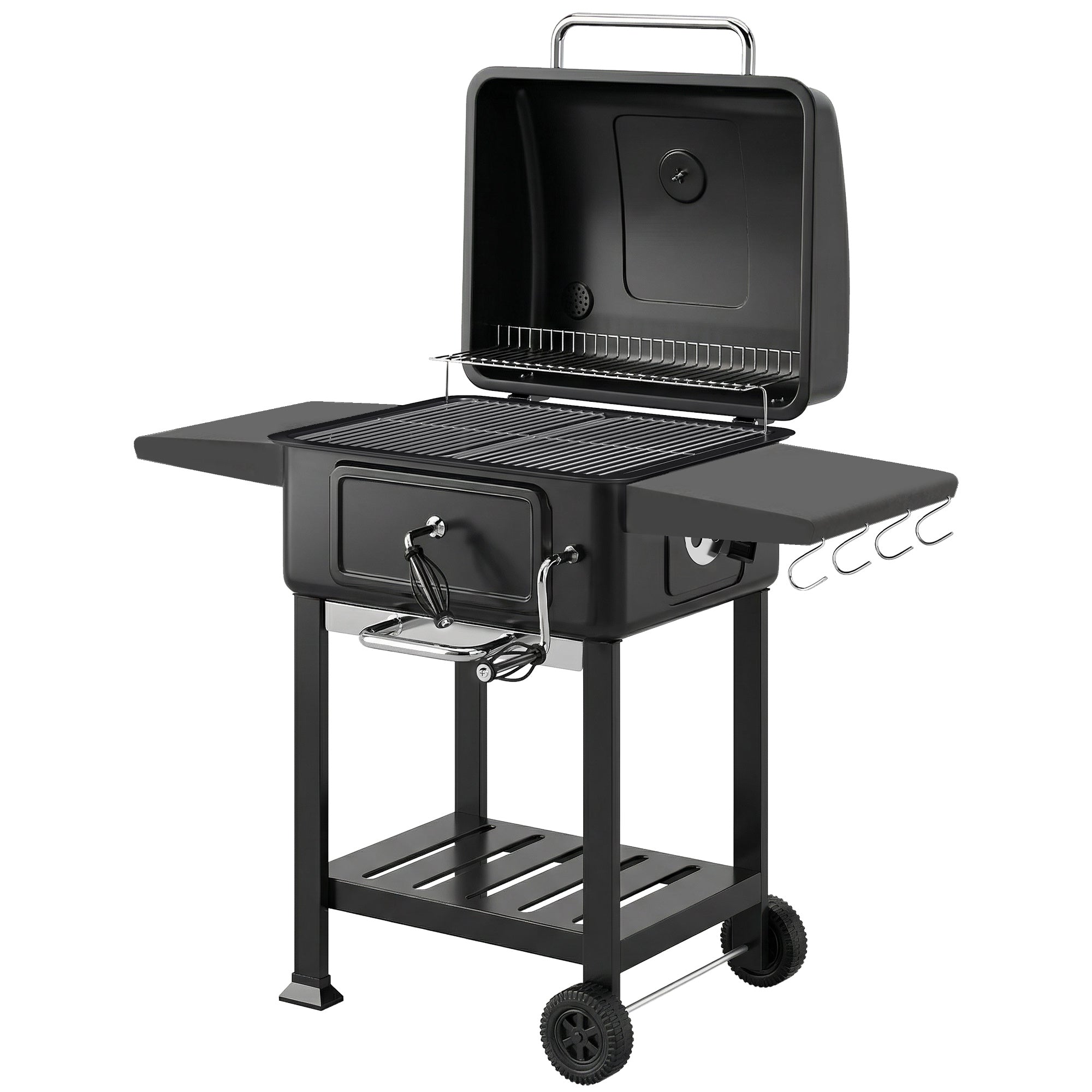 Kulgrill Bbq-ryger Med Låg Termometer Højdejusterbar Kulpande Skorsten Grillrist Sidebord Askeskuffe
