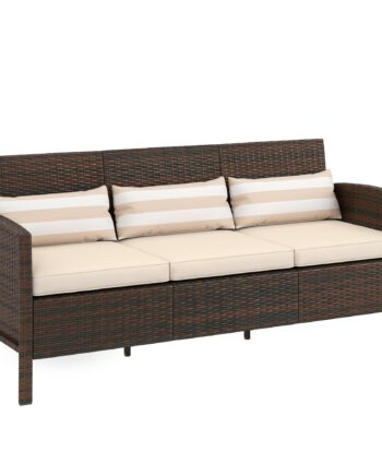 Rattan Sofa Med Hynder  Tre-personers  Havelounge Sofa  Stål  Brun  173   68   78 Cm