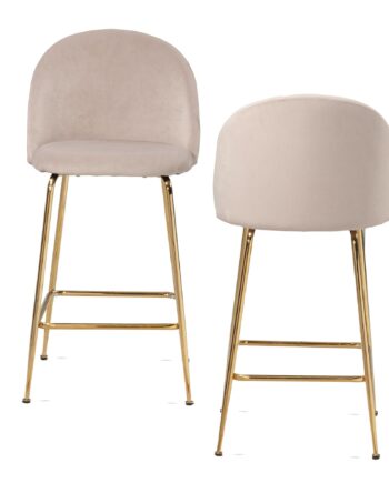 Sæt Med   Barstole  Beige Fløjlsskammel Med Ryglæn Og Guldben
