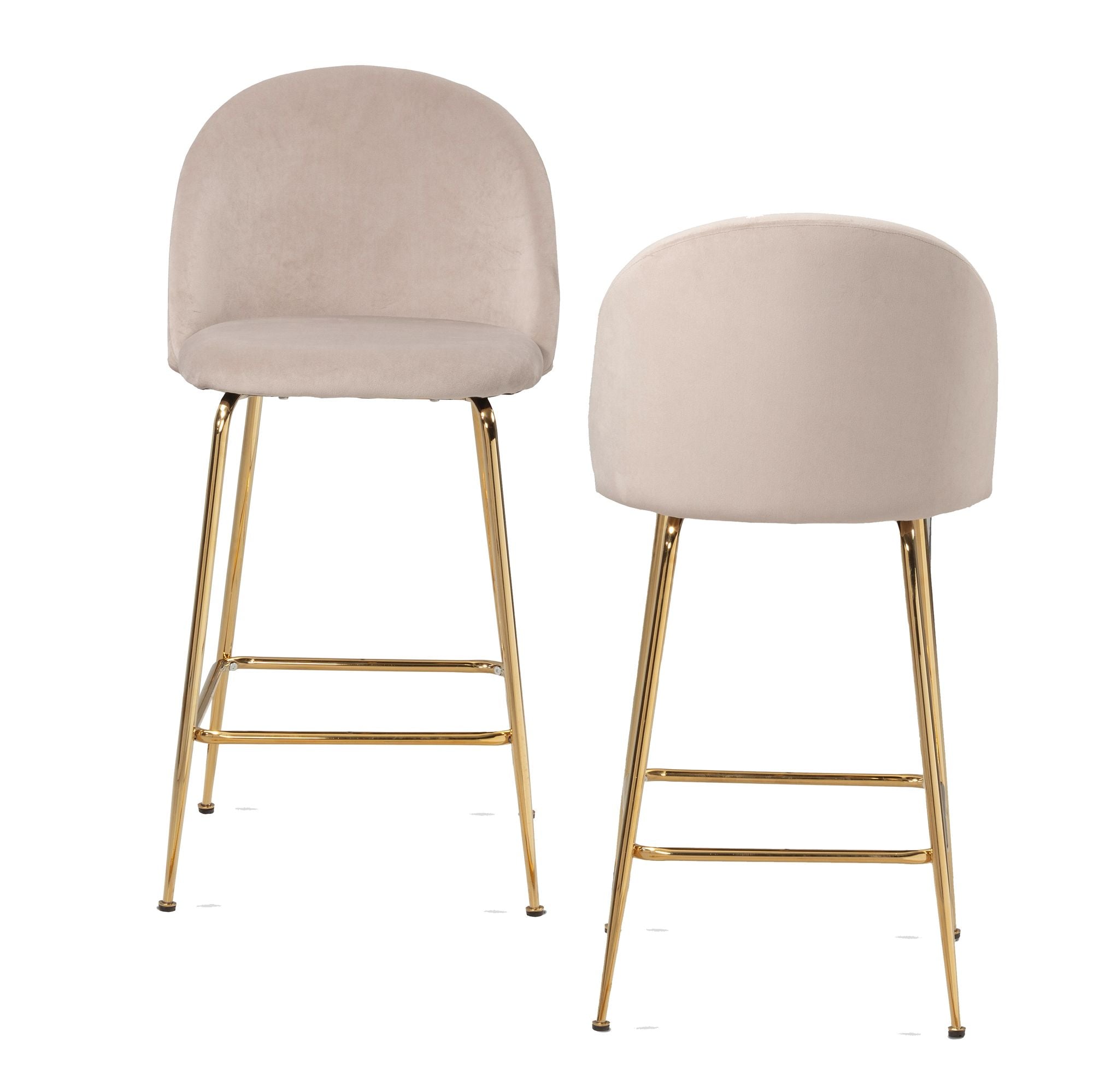 Sæt Med Barstole Beige Fløjlsskammel Med Ryglæn Og Guldben