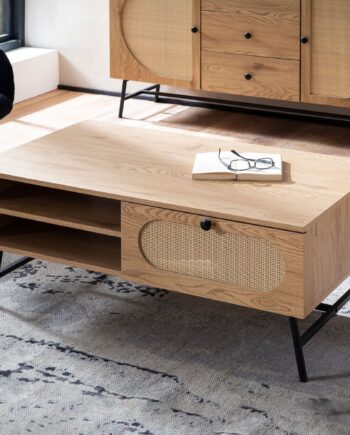 Smukt Sofabord   Japandi-look Med Rattanflet  100x60x45 Cm  Naturfarvet