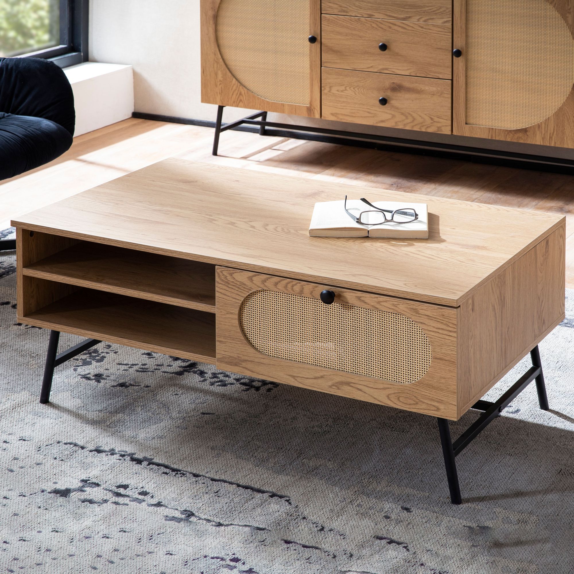 Smukt Sofabord Japandi-look Med Rattanflet 100x60x45 Cm Naturfarvet