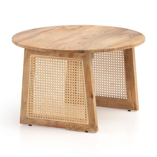 Sofabord   Massivt Træ Og Rattan  Japandi-look  65x65x40cm  Naturfarvet