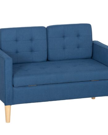 To-personers Sofa Med Opbevaring  Knapsyet Kant  Hynder  Gummitræ  117x62x78 Cm  Blå