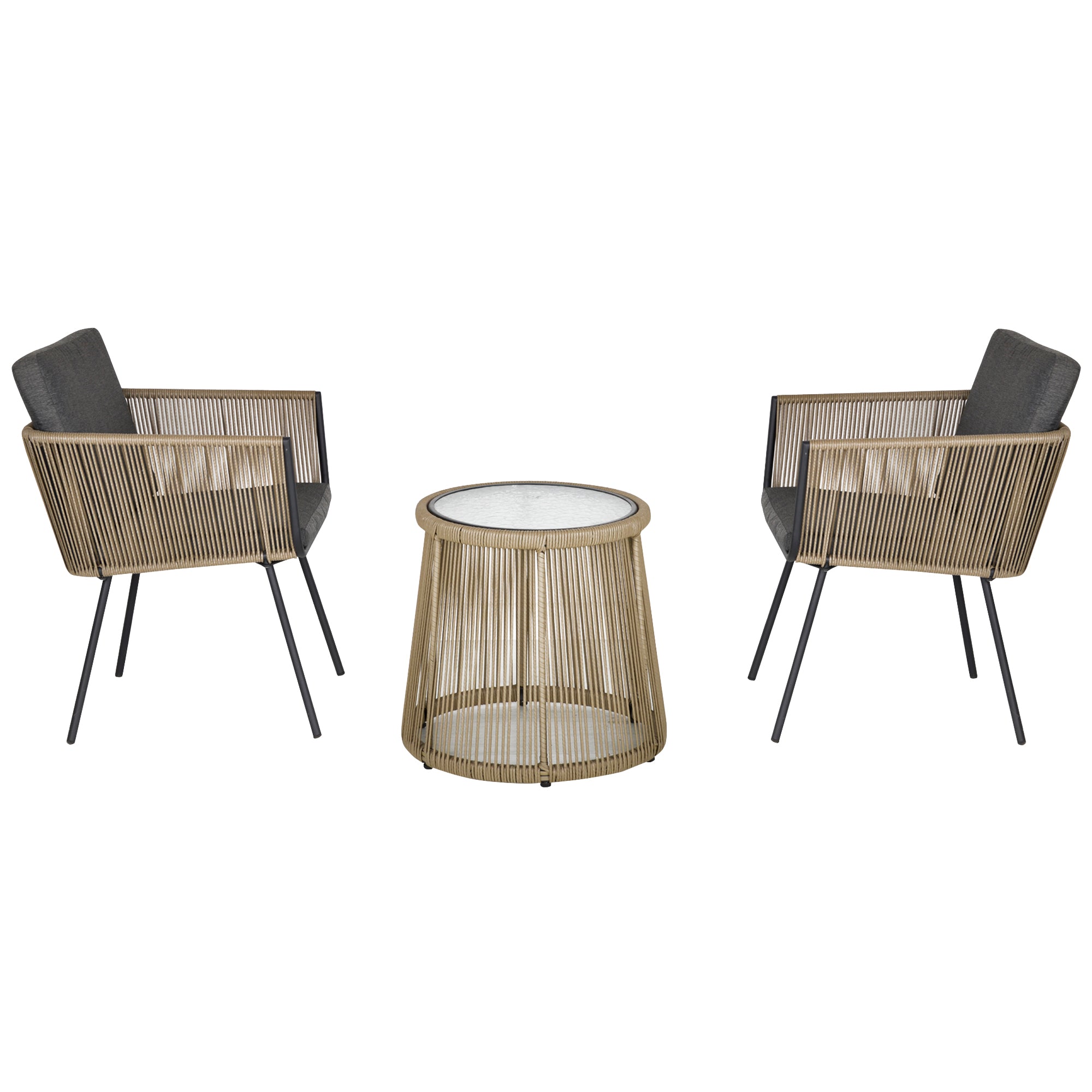 -delt Siddesæt Stole Sidebord Sæde- Og Ryghynder Bordplade Af Hærdet Glas Syntetisk Rattan Grå
