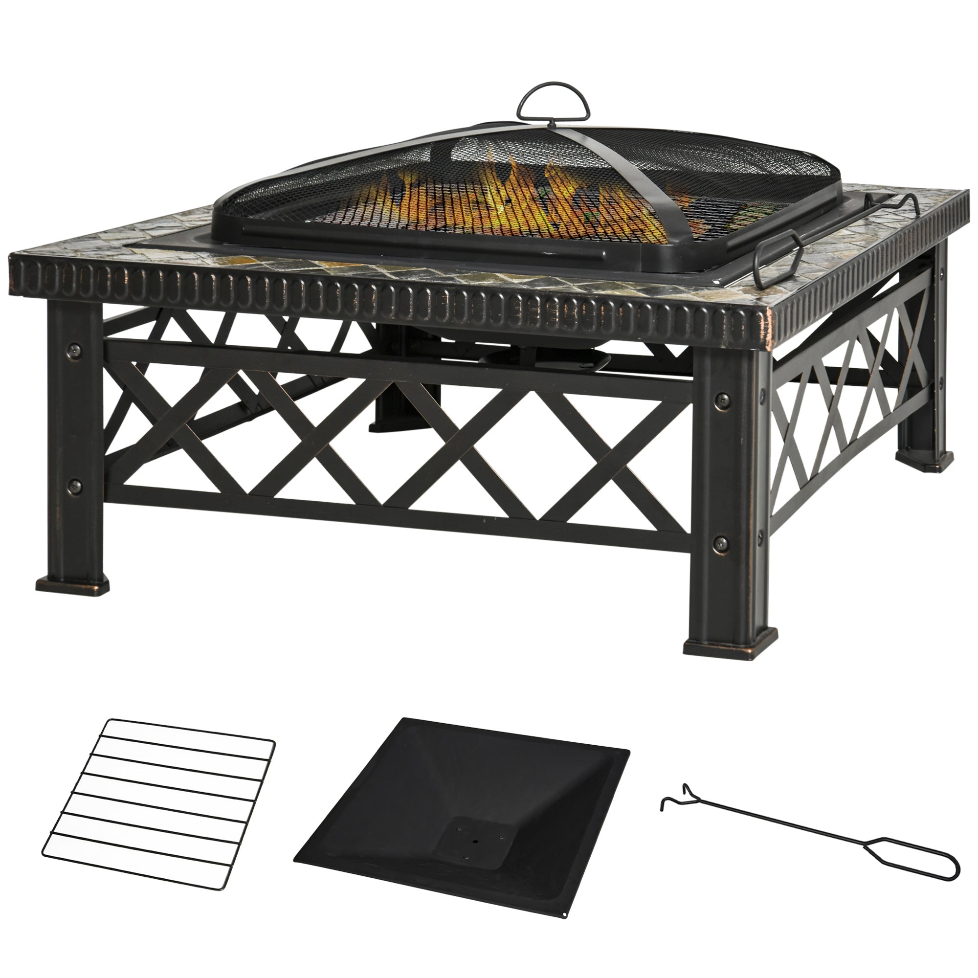 - - Bålfad Bålsted Med Gnistnet Grillrist Og Isspand Havegrill Sort 76 Cm 76 Cm 47 Cm