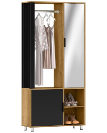 Garderobe Med Spejl Og Bøjlestang  Opbevaringsrum  åbne Hylder  Naturtræ  Sort