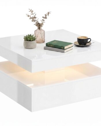 Led Sofabord Med Opbevaring  Moderne Bord     Niveauer Med åben Hylde Og Fjernbetjening  Hvid Højglans