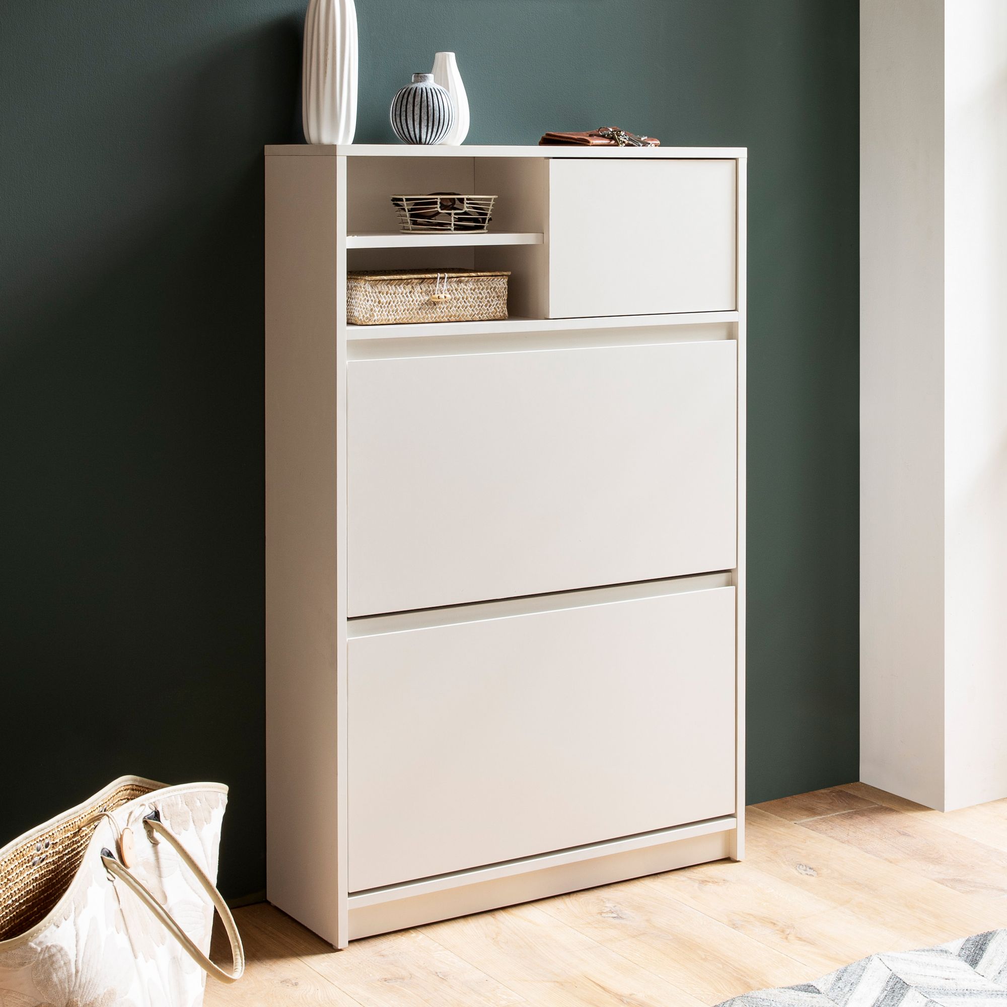 Slank Og Stilfuldt Hvidt Skoskab Med Plads Til 10 Par Sko  71x110x24 Cm