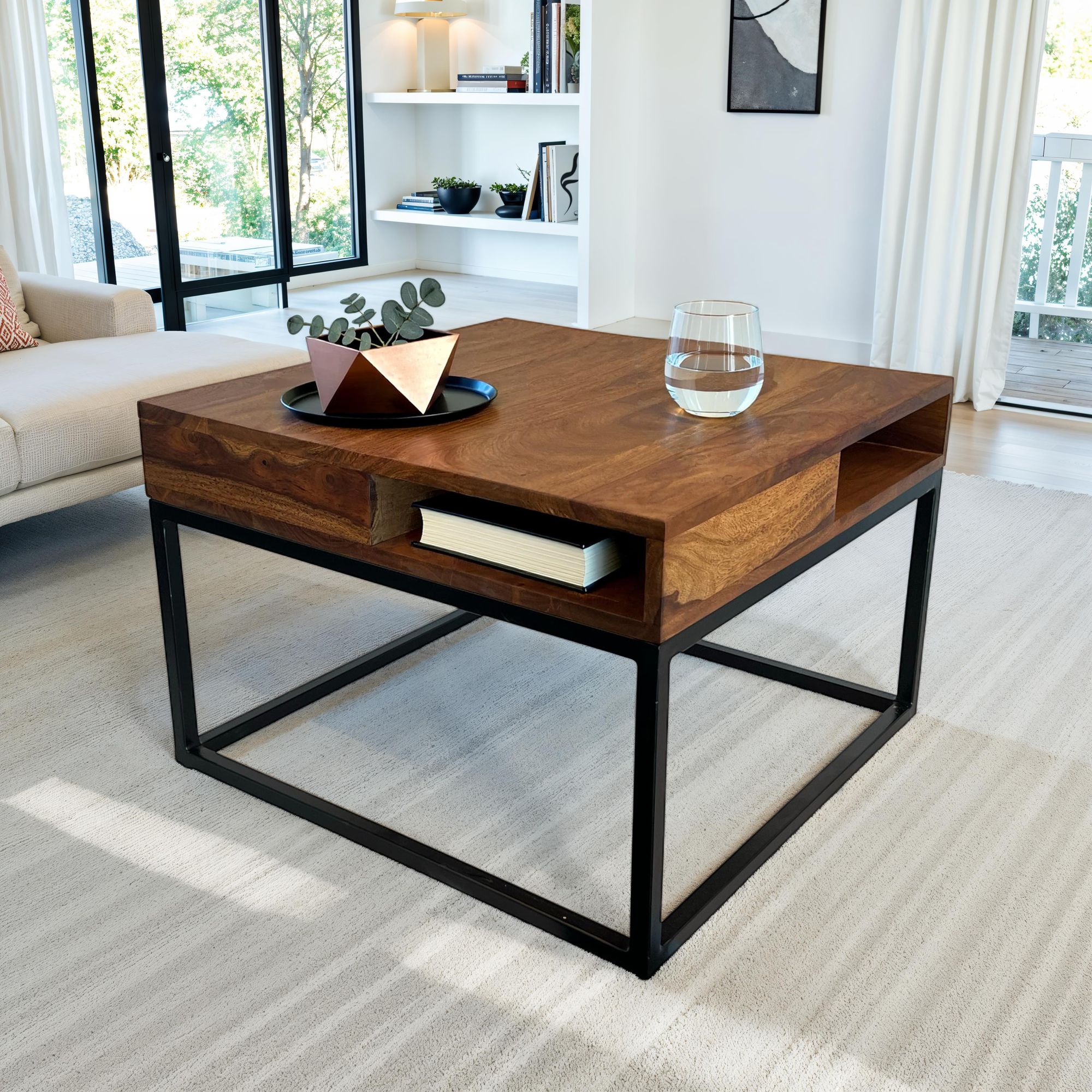 Sofabord 60x60x40 Cm  Massivt Sheeshamtræ Metal  Firkantet Sofabord  Stuebord Med Opbevaring  Sofabord   Massivt Træ  Lille Sidebord  Moderne Firkantet Stuebord