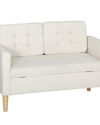 To-personers Sofa Med Opbevaring  Knapsyet Kant  Hynder  Gummitræ  117x62x78 Cm  Cremehvid