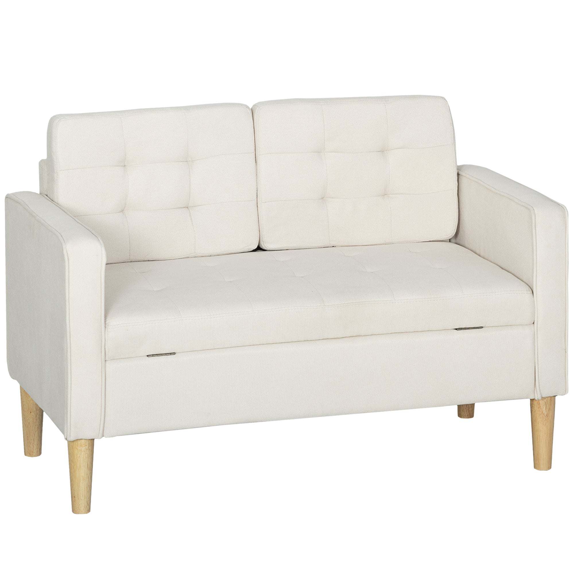 To-personers Sofa Med Opbevaring  Knapsyet Kant  Hynder  Gummitræ  117x62x78 Cm  Cremehvid